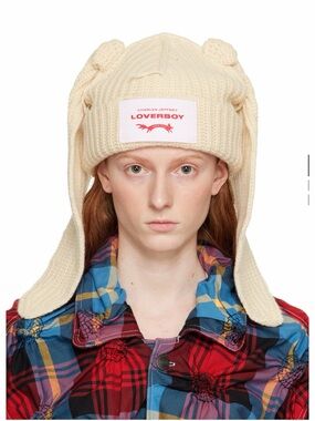 LOVERBOY Charles Jeffrey Cream Knit Earflap Beanie